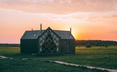 House, landscape, farm, sunrise
