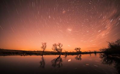 Star trail, landscape, night, lake, reflections