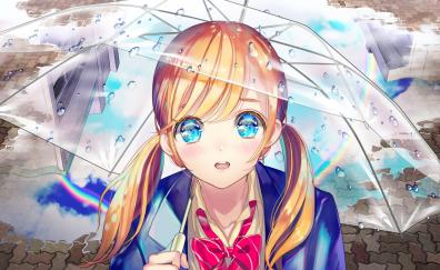 Blonde, anime girl, cute, umbrella