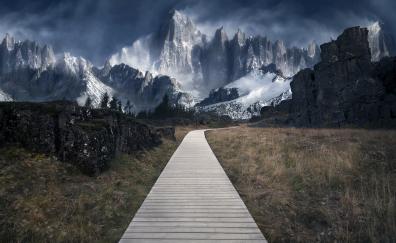 Wooden path, mountains, landscape
