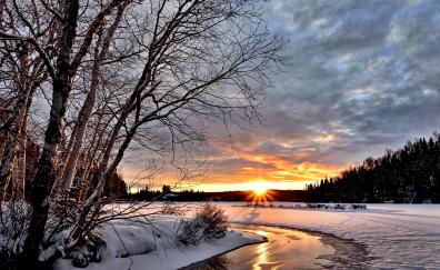 Winter, landscape, twilight