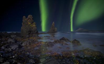 The shore at Trekyllisvik, Iceland, coast, northern lights