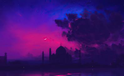Taj Mahal, silhouette, cloudy sunset, minimal art