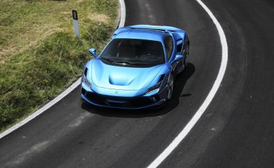 On-road, blue Ferrari F8 Tributo