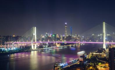 Bridge, suspension bridge, night, city lights, cityscape