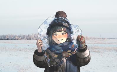 Original, cute anime girl, heart shape ice piece, winter