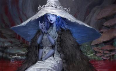 Witch, elden ring, blue eyes and hair, game art