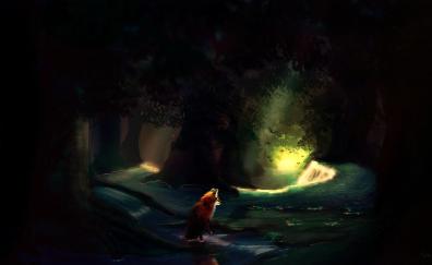 Forest, dark, stream, fox, artwork