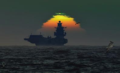 Warship, sunset, silhouette