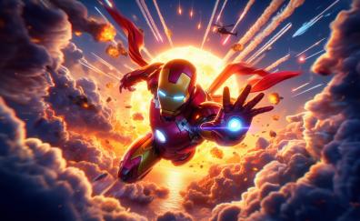 Iron man among rockets, in the sky, anime art