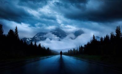 Walking alone, road, mountains, silhouette, dark