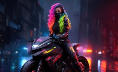 A night of freedom, biker girl, colorful hair