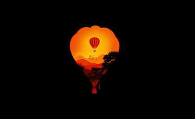 Air balloon, minimal, sunset, dark, art
