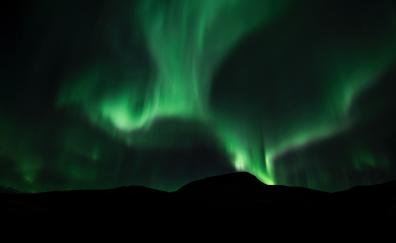 Sky, green lights, Aurora Borealis, silhouette