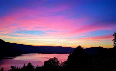 Lake, sunset, blue-pink sky, silhouette