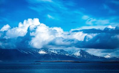 Blue sky, clouds, mountains, winter, sea, nature