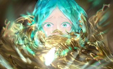Blue hair, phosphophyllite, curious, anime girl