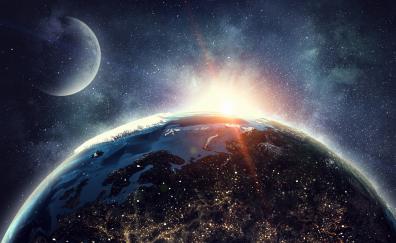 Moon and earth, planets, space, surface, twilight