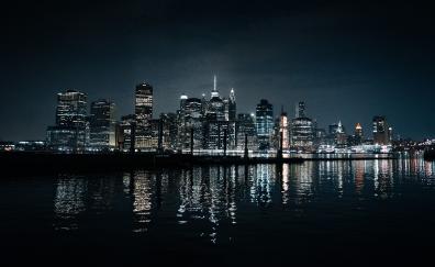 Cityscape, dark, reflections, night, buildings