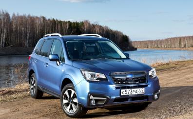 Front, blue compact SUV, Subaru Forester