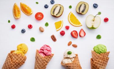 Waffle cones, fruits, slices