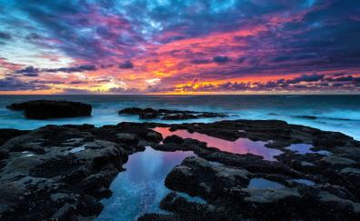 Sunset, rocky beach, clouds, nature
