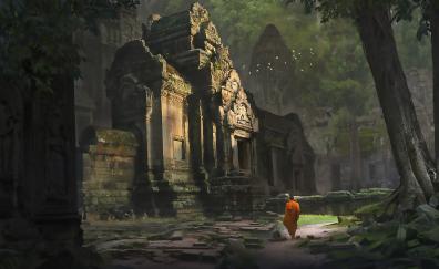 Monk, temple, old castle, outdoor, peace, forest, fantasy, art