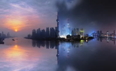 City, buildings, reflections, shanghai
