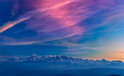 Horizon, blue sky, mountains, fog, sunset