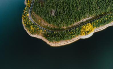Curvy coast, road, aerial view, nature
