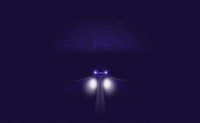 Headlight glow, car, road, night, minimal