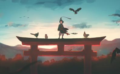 Anime, sunset, boy and birds, art