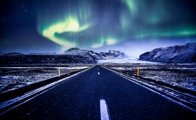 Aurora Borealis, Northern Lights, highway, road, winter