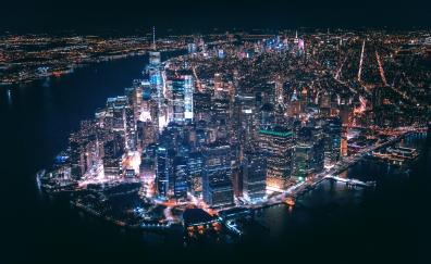 Cityscape, buildings, New York, aerial view, night