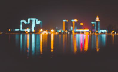 City, lights, blur, reflections