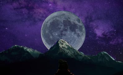Mountains, moon, silhouette, dark, night