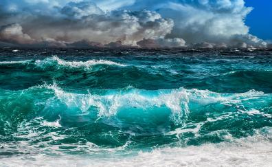 Waves sea, sky, clouds, blue-green, storm