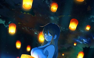 Lanterns, beautiful, anime girl, outdoor
