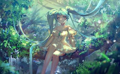 Hatsune Miku, sitting on tree, forest, art