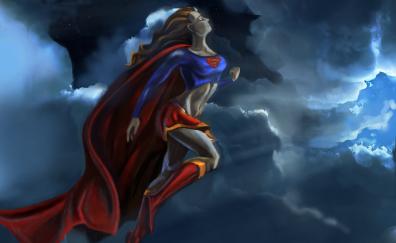 Supergirl in the air, flight, clouds, sky, art