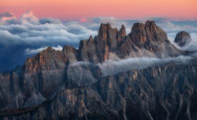 Dolomites mountain range, sunset
