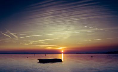 Sunset, lake, clean sky, boat