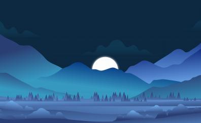 Blue theme, minimal, art, mountains and forest