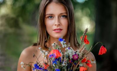 Beautiful eyes, girl model, flowers