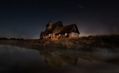Lakeside house, reflections, night