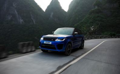 Blue car, on-road, Range Rover Sport