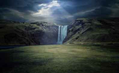 skógafoss waterfalls of Iceland, cliffs, green landscape, nature