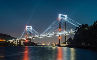 Night, coast, lights on bridge