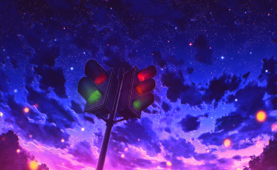 Traffic light, evening, beautiful sky, anime