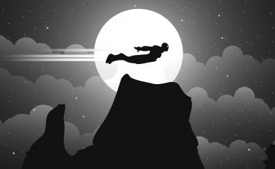 Night, flight, iron man, bw, illustration